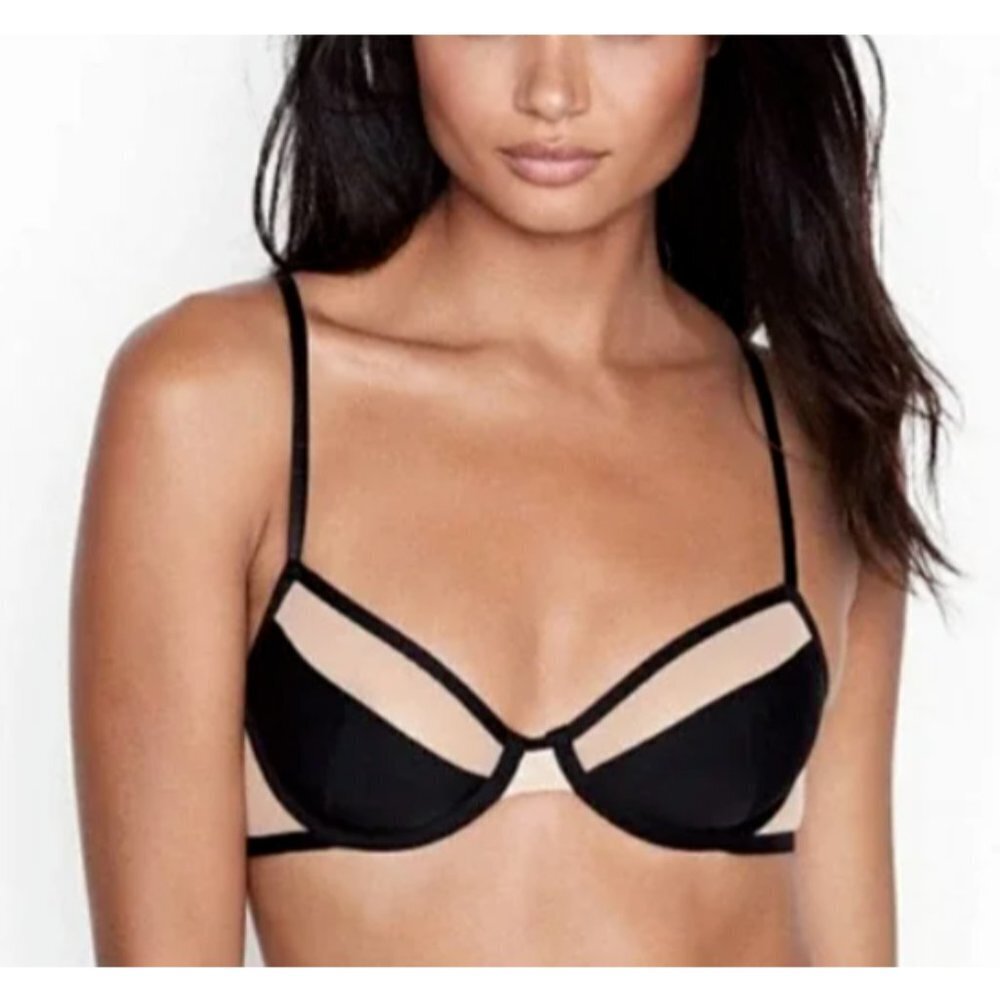 NWT VICTORIA'S SECRET Black and White Mesh Unlined Underwire Demi Luxe 32DD